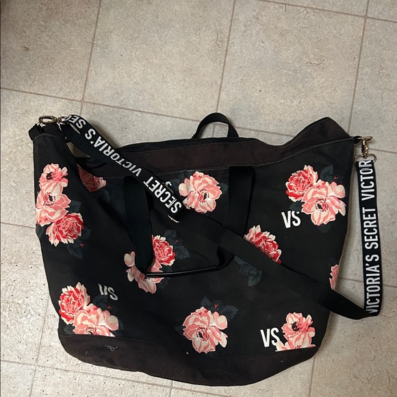 Victoria's Secret Black and Pink Floral Shoulder Bag Duffel - Picture 2 of 3